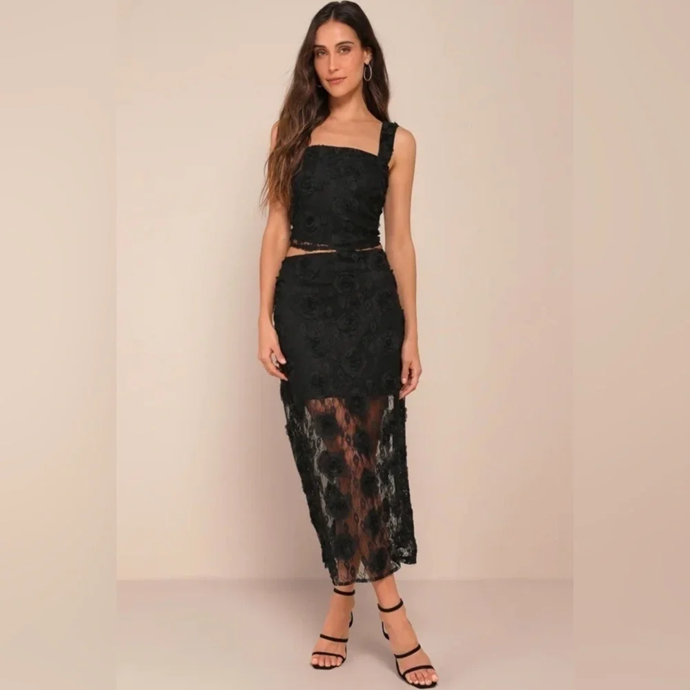 NEW with tags (NWT) Lulus Undeniable Effect Black Sheer Lace Rosette Midi Skirt